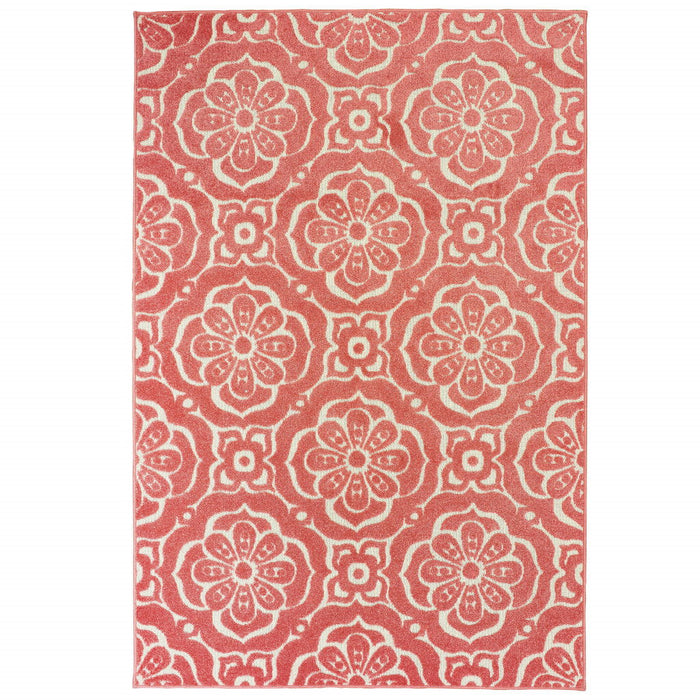 10' X 13' Floral Stain Resistant Indoor / Outdoor Area Rug - Pink