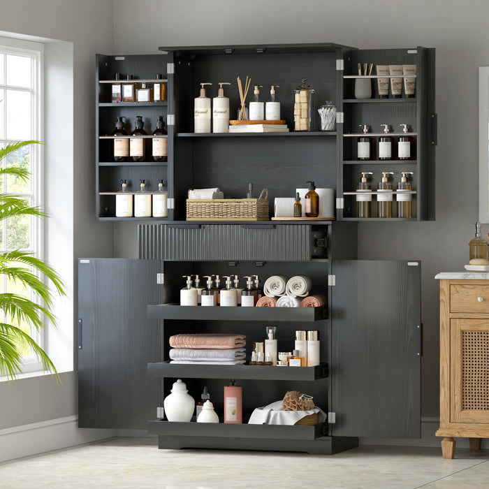 Fluted Kitchen Pantry Cabinet With 3 Keyboard Drawers & 6 Door Shelves Adjustable Home Essentials
