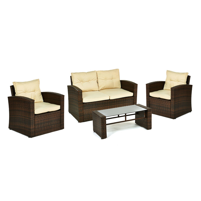 Four Piece Outdoor Wicker Sofa Seating Group With Beige Cushions - Brown