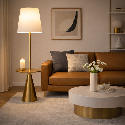 Celestial - Modern Floor Lamp With Accent Table With Large Shade - Gold / White Ashcroft Furniture