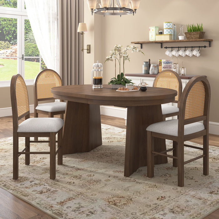 Extendable Round Dining Table Set For 4 With 4 Upholstered Chairs - Beige / Walnut Hearth and Haven