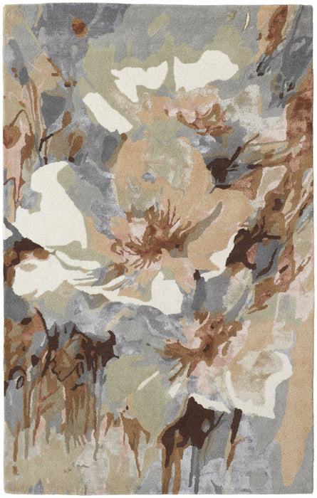 Floral Tufted Handmade Area Rug - Tan Gray And Green Wool - 9' X 12'