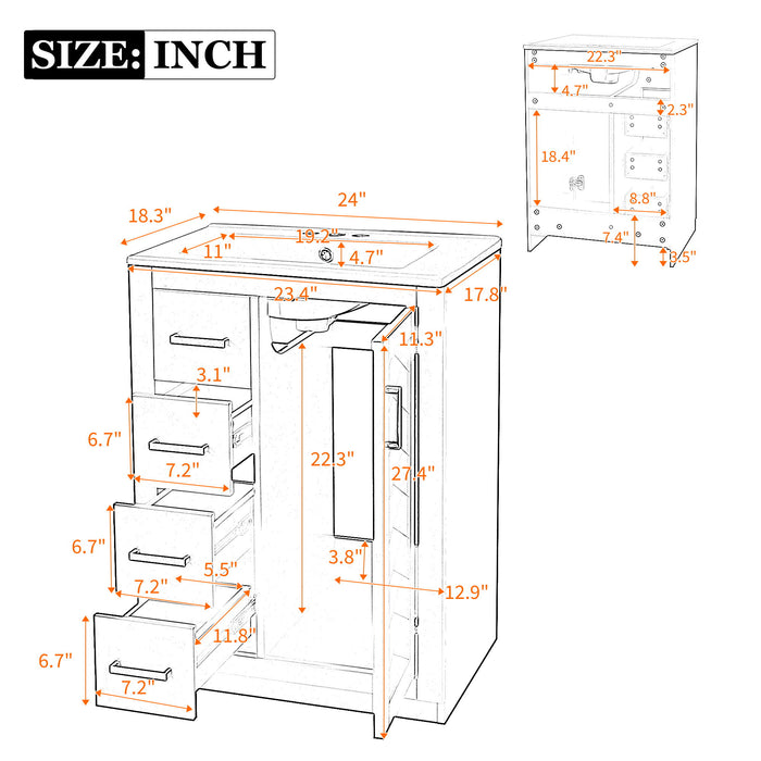 Bathroom Vanity With Integrated Sink, Rectangular Cabinet With 1 Door And 3 Drawers Hearth and Haven