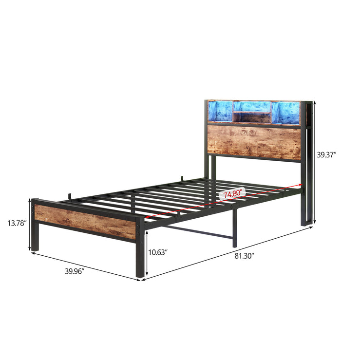 Modern Twin Size Metal Platform Bed Frame With Storage Headboard And Charging Station - Brown