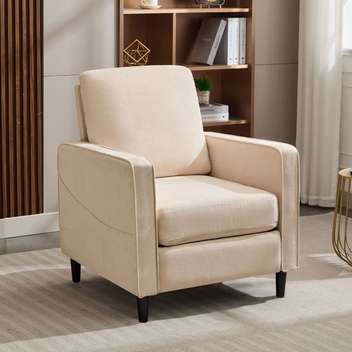 Mid-Century Accent Chair, Modern Linen Armchair For Living Room, Double Side Pockets, , Comfortable And Padded Reading Feature Sofa Chair, Suitable For Bedrooms, Living Rooms, And Offices - Beige