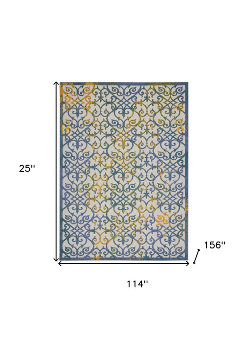 10' X 13' Damask Non Skid Indoor / Outdoor Area Rug - Ivory / Blue