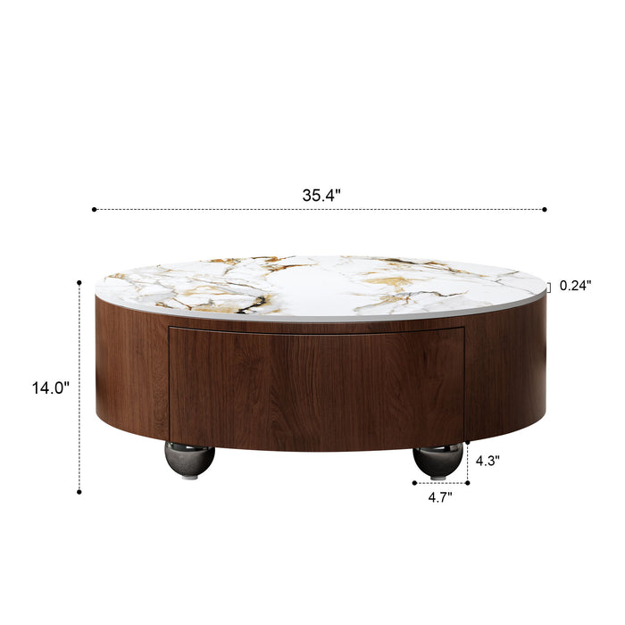 Round Coffee Table With 2 Drawers For Living Room - Walnut Brown / White / Multi Home Essentials
