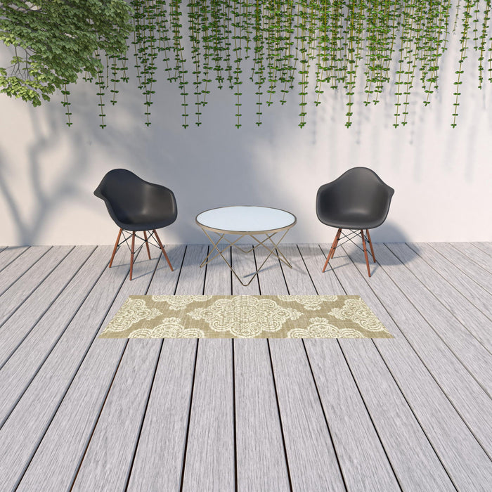 2' X 8' Oriental Stain Resistant Indoor / Outdoor Area Rug - Tan