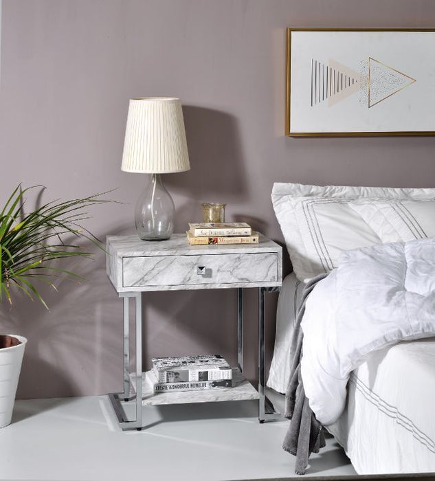 Wither - Accent Table - White Printed Faux Marble & Chrome ACME