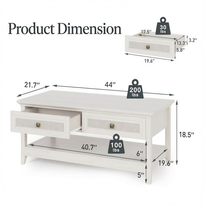 Coffee Table With Drawers & Storage Shelf - White Home Essentials