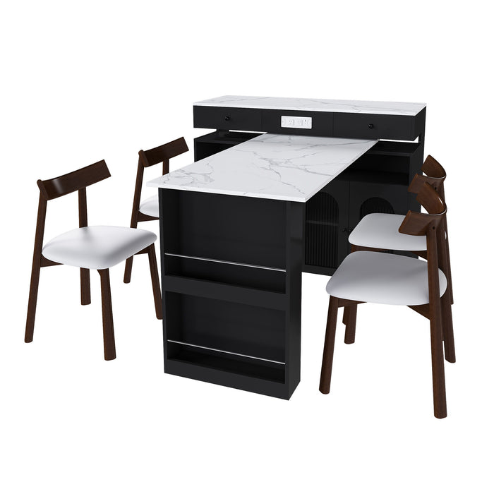 Retro Kitchen Island Set With Chairs, Extendable & Rotating Table, 4 Drawers & Door Cabinets