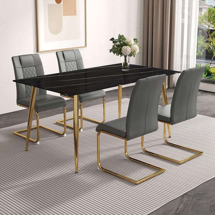 1 Table And 4 Chairs Set, Rectangular Dining Table With Black Imitation Marble Tabletop And Golden Metal Legs, Paired With 4 Chairs With Golden Metal Legs