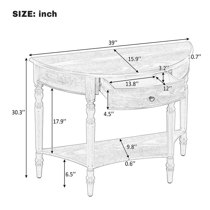 Half Moon Console Table With Drawer & Shelf For Living Room - Walnut Hearth and Haven