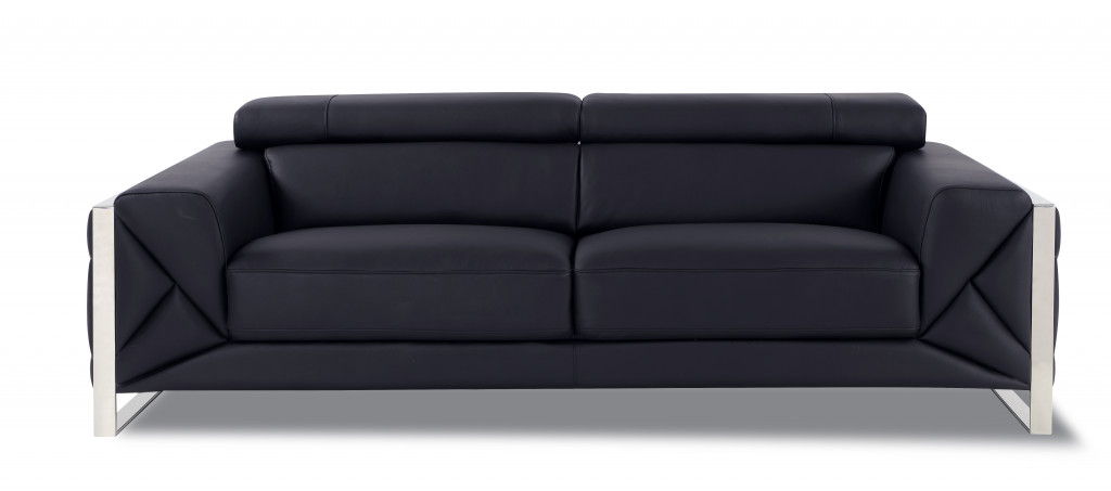 Italian Leather Sofa & Silver Legs - Black