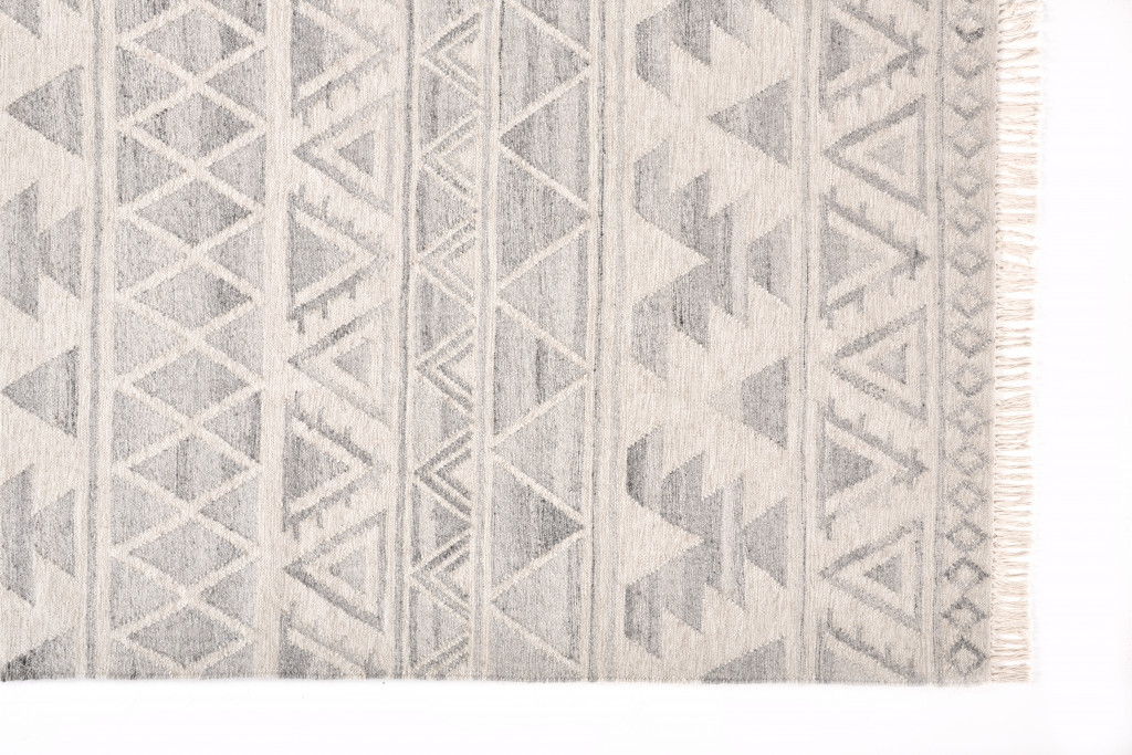 Geometric Dhurrie Flatweave Handmade Area Rug With Fringe - Ivory Gray And Blue Wool - 10' X 14'