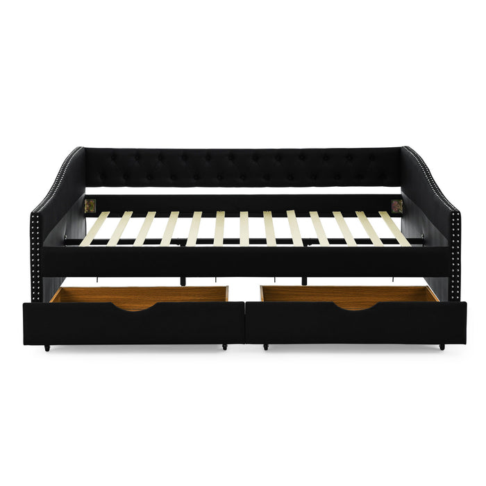 Upholstered Tufted Daybed With 2 Drawers, Waved Arms Home Essentials