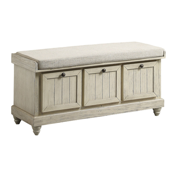 1 Piece Durable Storage Bench White Finish Foam Cushioned Seat Beige Upholstery Flip - Top Seat Solid Wood Home Furniture