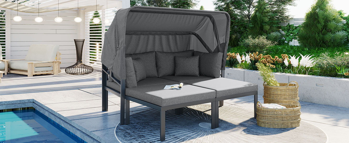 Topmax 3 Piece Patio Daybed With Retractable Canopy Outdoor Metal Sectional Sofa Set Sun Lounger With Cushions For Backyard, Porch, Poolside, Gray