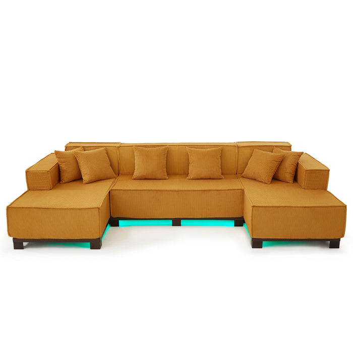 U-Shaped Sectional Sofa With RGB LED Light Strip And 6 Pillows