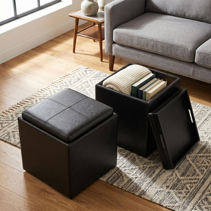 Rockwood - Upholstered Cube Storage Ottoman With Tray Simpli-Home
