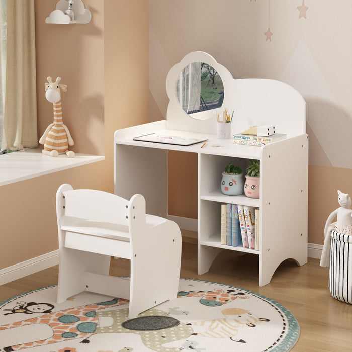Kids Vanity Table With Mirror And Chair, Dressing Makeup Desk With Storage Shelves - White