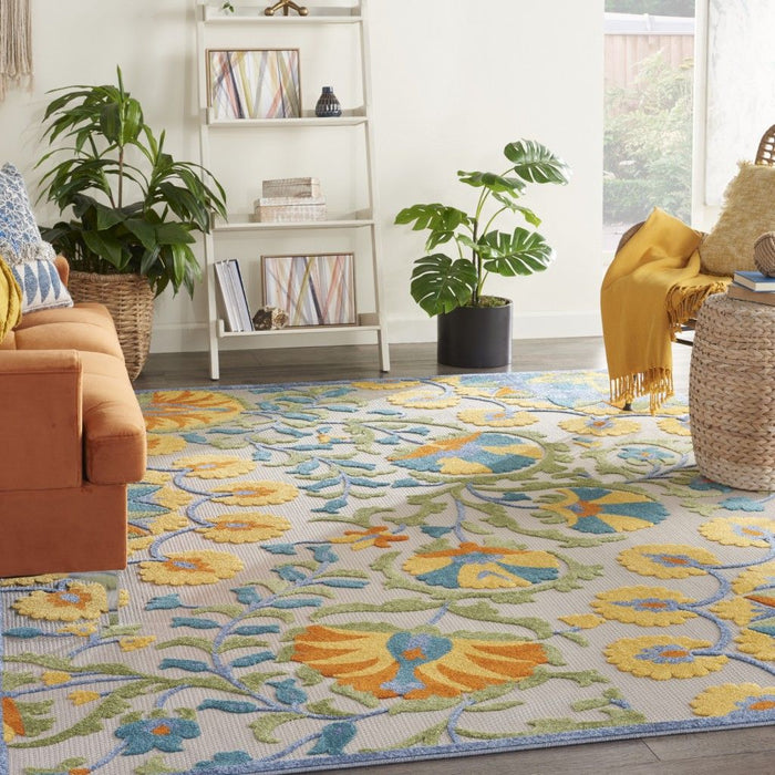 7' X 10' Floral Stain Resistant Indoor / Outdoor Area Rug - Ivory / Blue