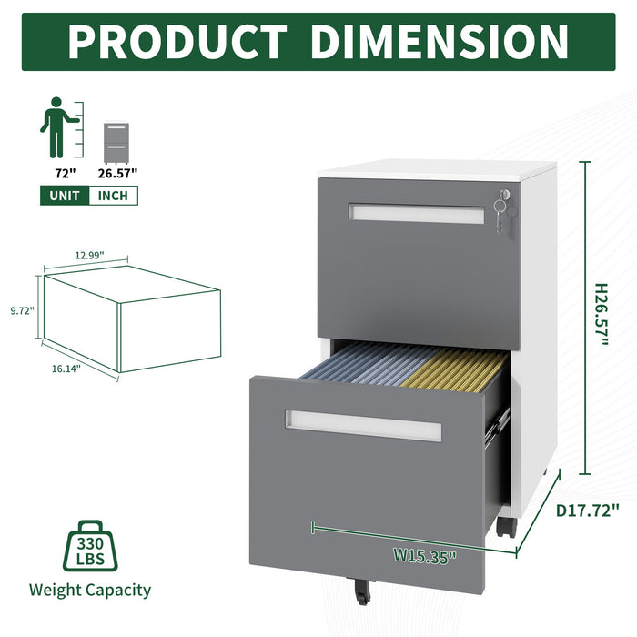 2-Drawer Mobile File Cabinet With Lock,On 360° Wheels, Holds A4/Letter/Legal Files - White Home Essentials