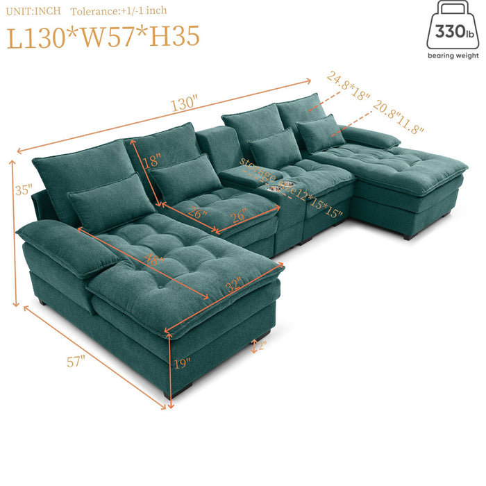 U Shaped Sofa With Console And Cupholders, 6 Seat