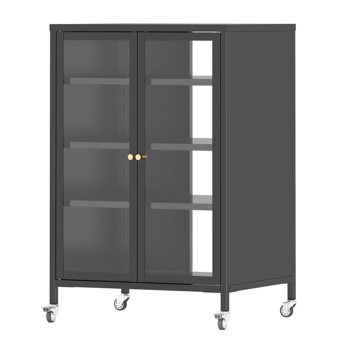 Media Storage Cabinet With Wheels, 4 Adjustable Glass Shelves & Door, Heavy-Duty - Black Home Essentials