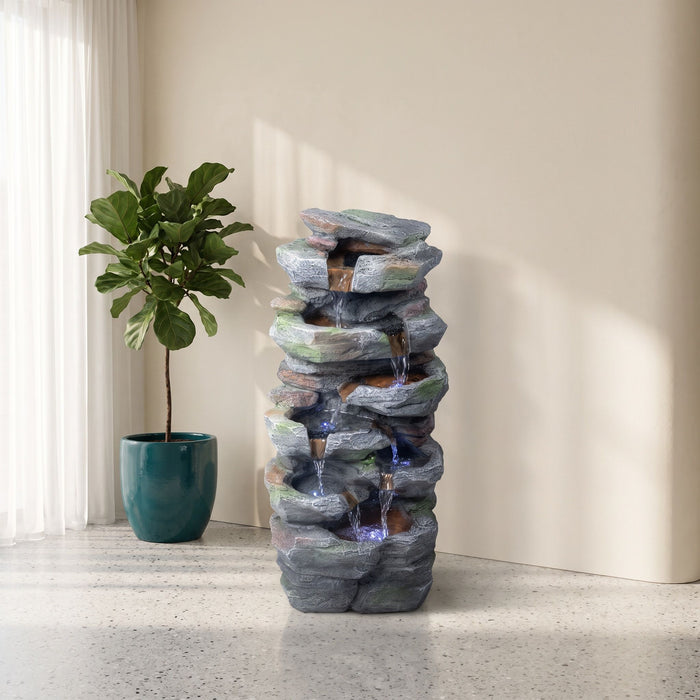 Rock Waterfall Outdoor Fountain With LED Lights - Gray Daily Nest