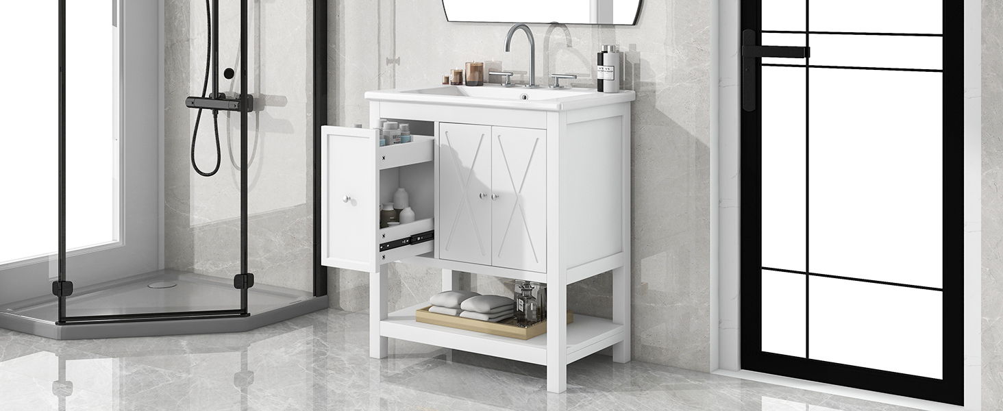30" Bathroom Vanity With Sink Top, Bathroom Vanity Cabinet With Two Doors And One Drawer, MDF Boards, Solid Wood, One Package, White