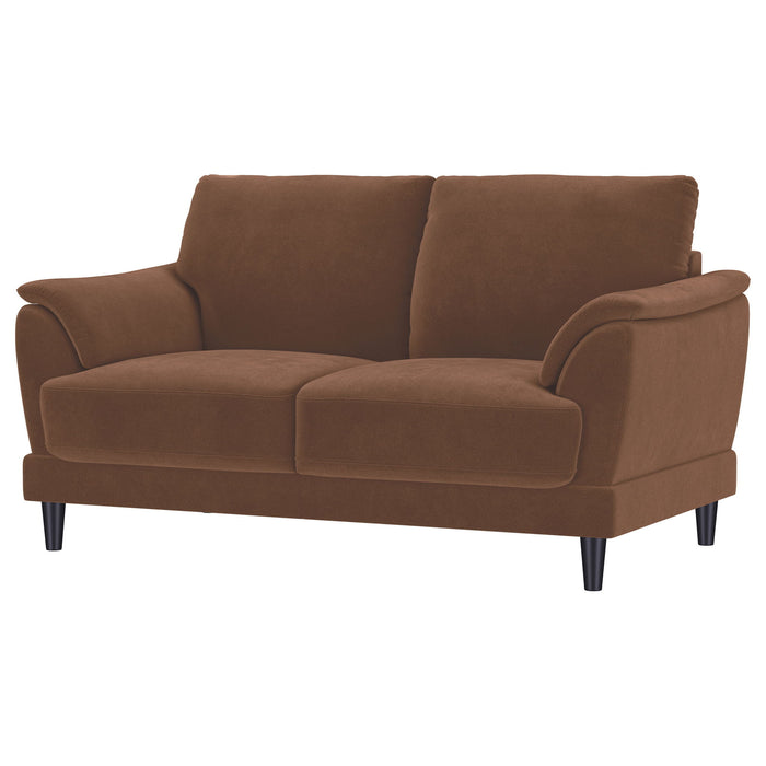 Dania - Upholstered Crescent Loveseat With Curved Tufted Arms - Rust Furniture Max
