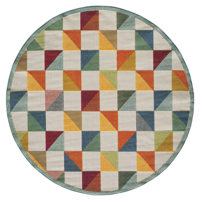 8' Round Round Geometric Stain Resistant Indoor / Outdoor Area Rug - Orange / Ivory