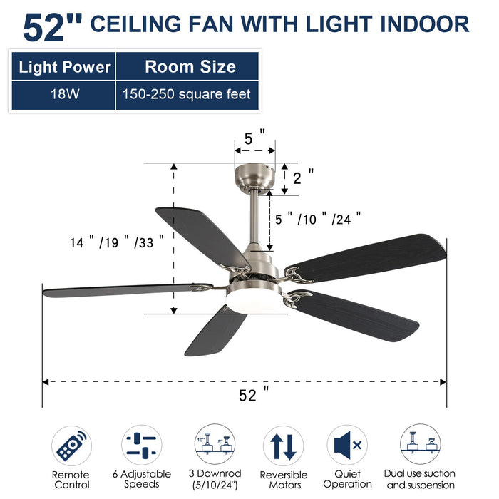 Ceiling Fan With LED Light, 6 Speed Wind, 5 Blades, Remote Control DC Motor