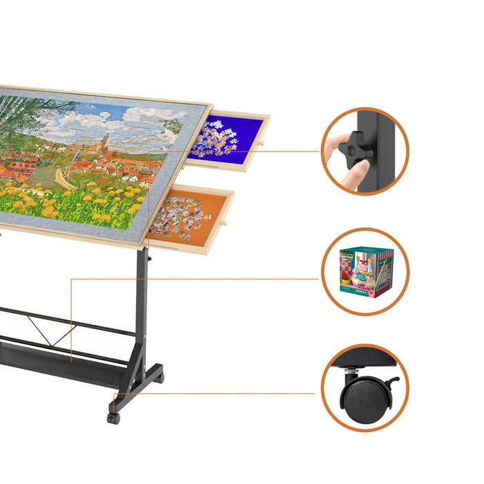 360 Degree Tilting Wooden Puzzle Table With 1500 Pieces, Rolling Design With Adjustable Height, Drawer, And Protective Cover - Black / Natural Wood Home Essentials