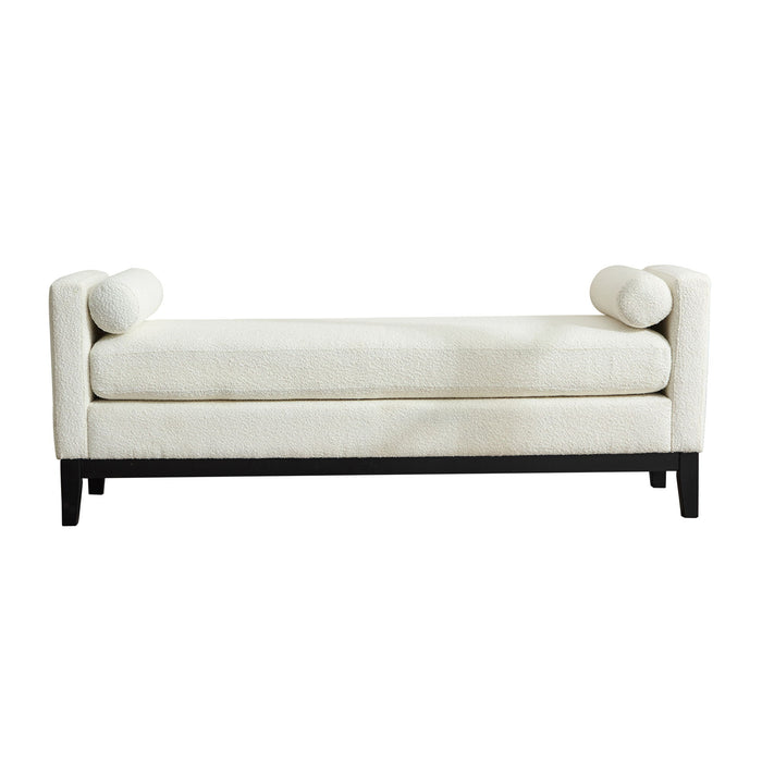 Elegant Upholstered Bench, Daybed, Ottoman With Wood Legs & Bolster Pillows - Ivory Boucle