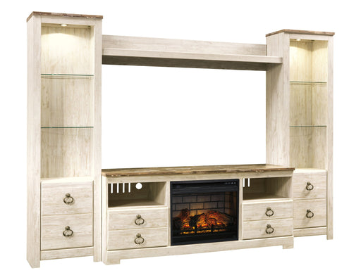 Willowton - Entertainment Center - TV Stand With Faux Firebrick Fireplace Insert - Whitewash Signature Design by Ashley®