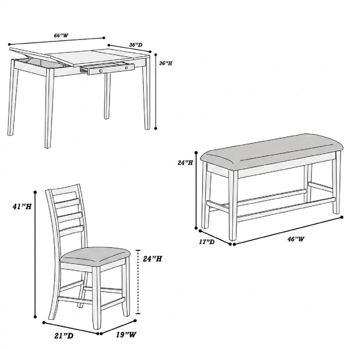 6 Piece Counter Height Dining Set Table With Storage Ladder Back Chairs And Bench - Walnut Home Essentials