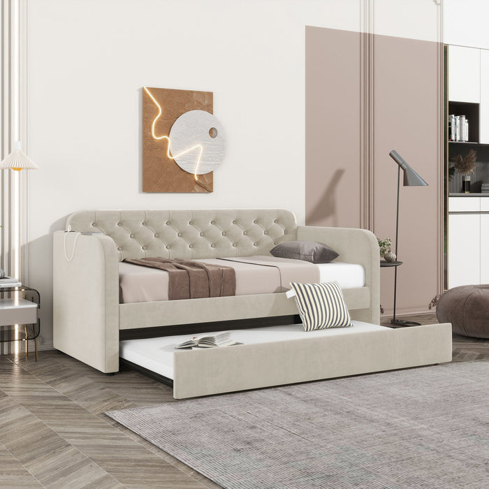 Upholstered Daybed With Trundle And USB Charging Design Home Essentials