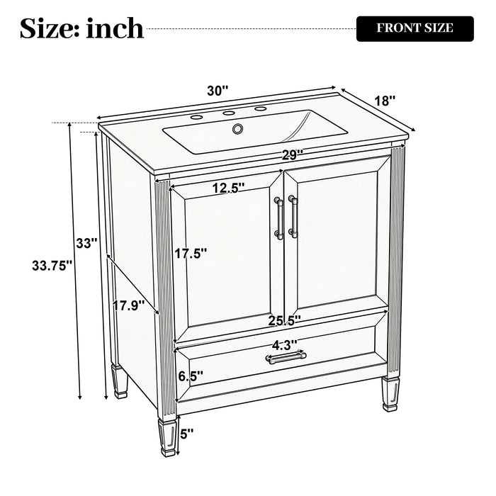 Elegant Fluted Bathroom Vanity With Sink, Soft Close Doors & Drawer Noble House