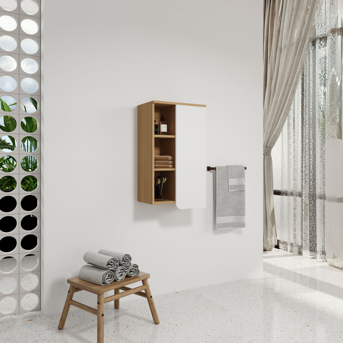 Wall Mounted Bathroom Side Cabinet, Single Door With 3 Tier Open Shelves - Black / Light Oak / White Home Essentials
