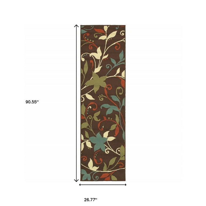 8' Runner Floral Stain Resistant Indoor / Outdoor Runner Rug - Brown