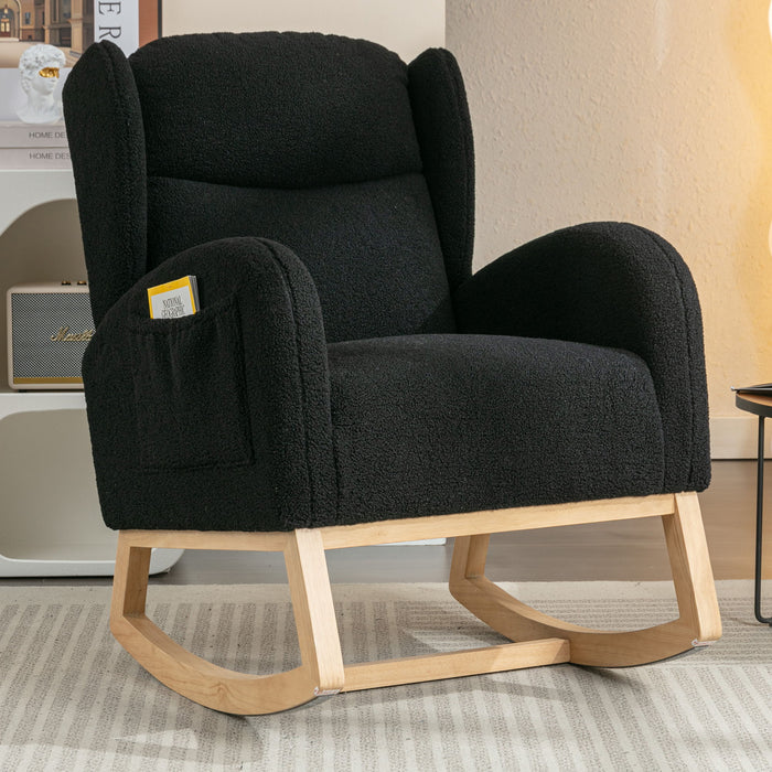 Teddy Fabric Rocking Chair With Packet Wood Legs, Black