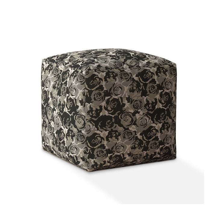 Canvas Floral Pouf Ottoman - Beige