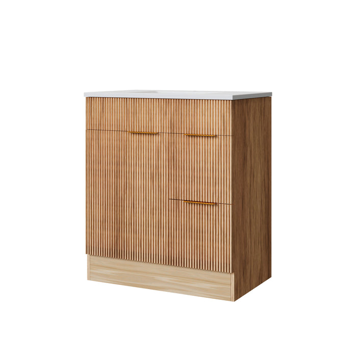 Bathroom Vanity With Sink, Freestanding Fluted Cabinet With 1 Door And 2 Drawers - Natural Walnut Home Essentials