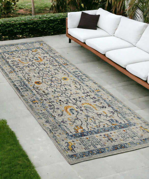 8' Runner Oriental Stain Resistant Indoor / Outdoor Runner Rug - Yellow / Ivory