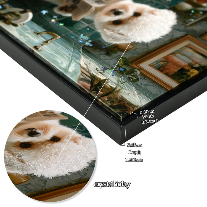 Framed Bathroom Decor, Cute Puppy Wall Art In Picture Frame, 3D Canvas Print - Indigo / White