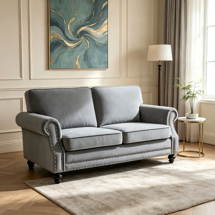 Loveseat Sofa With Nailhead Detail & Turned Legs, 2 Seater Upholstered Couch US Pride
