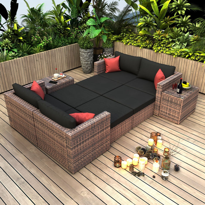 10 Pieces Outdoor Patio Garden Brown Wicker Sectional Conversation Sofa Set With Black Cushions And Red Pillows With Furniture Protection Cover