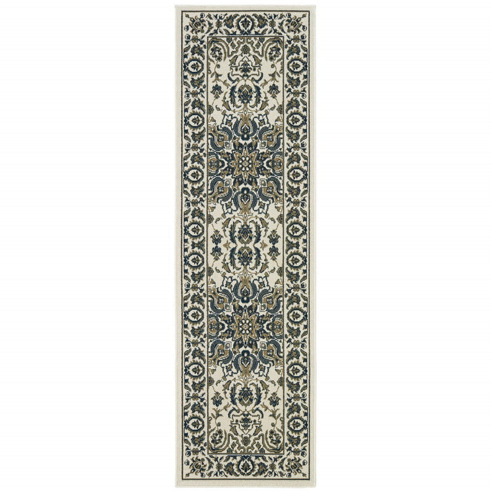 2' X 8' Oriental Stain Resistant Indoor / Outdoor Area Rug - Ivory / Blue